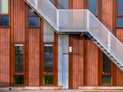 Escape,Stairs,On,A,Sustainable,Wooden,Office,Building,Facade