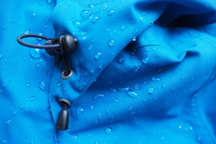 Closeup,Of,Water,Drops,On,Bright,Blue,Fabric,And,Elastic