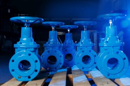 Closeup,New,Blue,Taps,With,Valve,For,Drinking,Water,Pipeline.