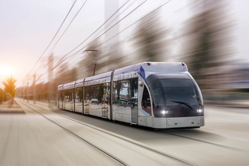 Modern,Comfortable,Tram,Moves,Along,The,Streets,Of,The,City,