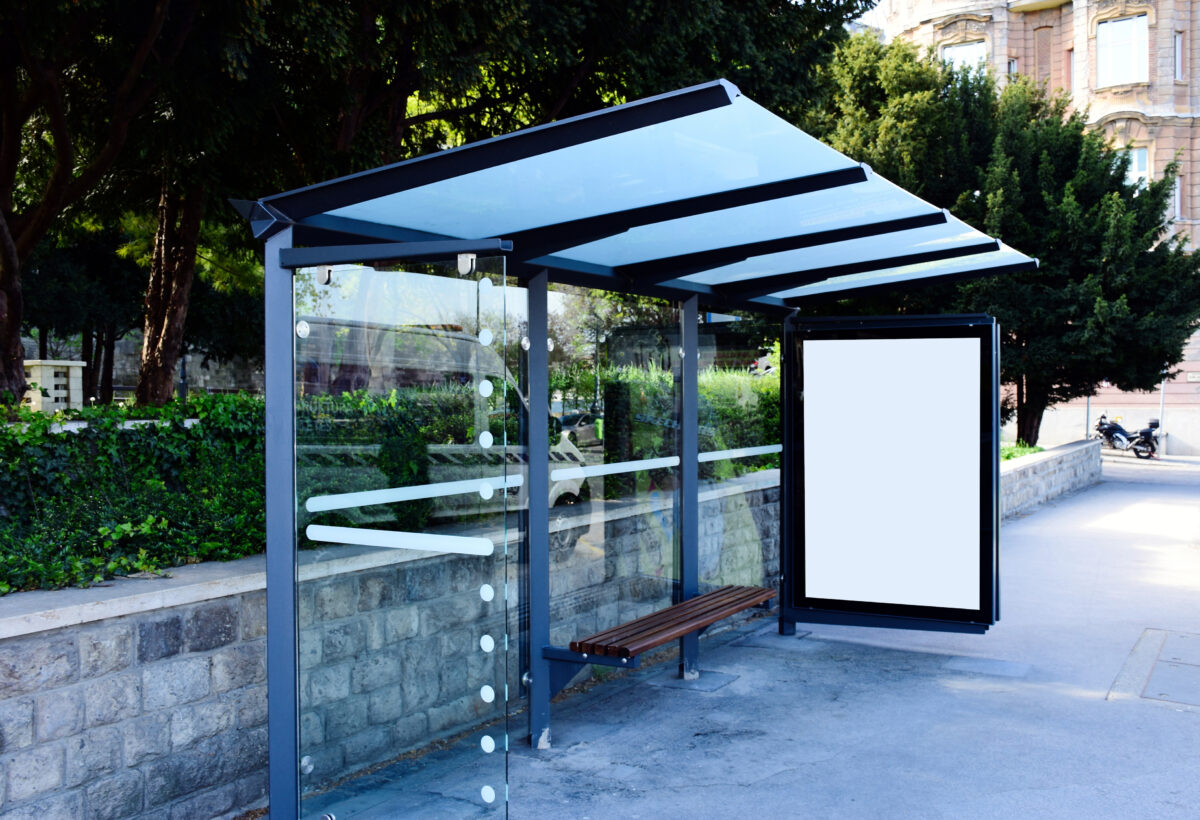 bus shelter in urban setting. streetscape. blank advertising mockup base