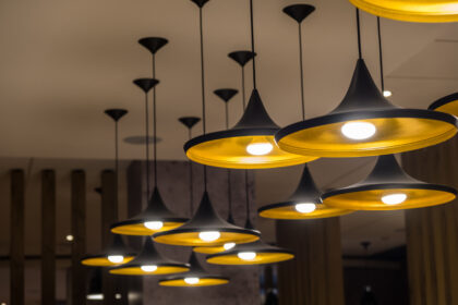 Chandelier lights hanging from the ceiling