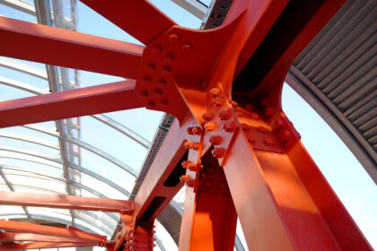 Red,Iron,Beams,Bolted,On.,Angular,Connection,Of,Several,Iron