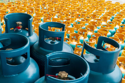 View of rows of LPG gas bottles stack ready