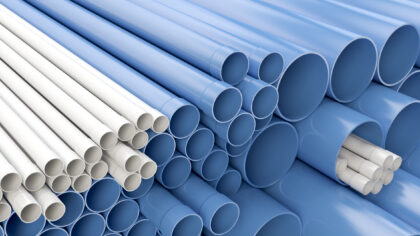 Stack of blue plastic pipes, 3D illustration