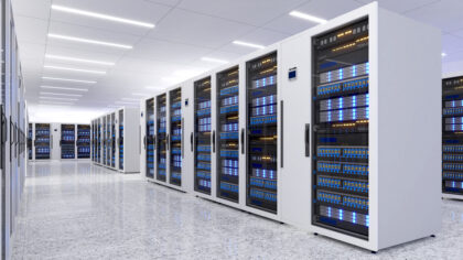 Shot of Data Center With Multiple Rows of Fully Operational Server Racks. Modern Telecommunications,Data center cooling,server room,3d rendering