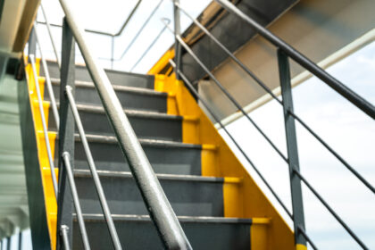 Nautical or cargo boat desk stairway platform.
