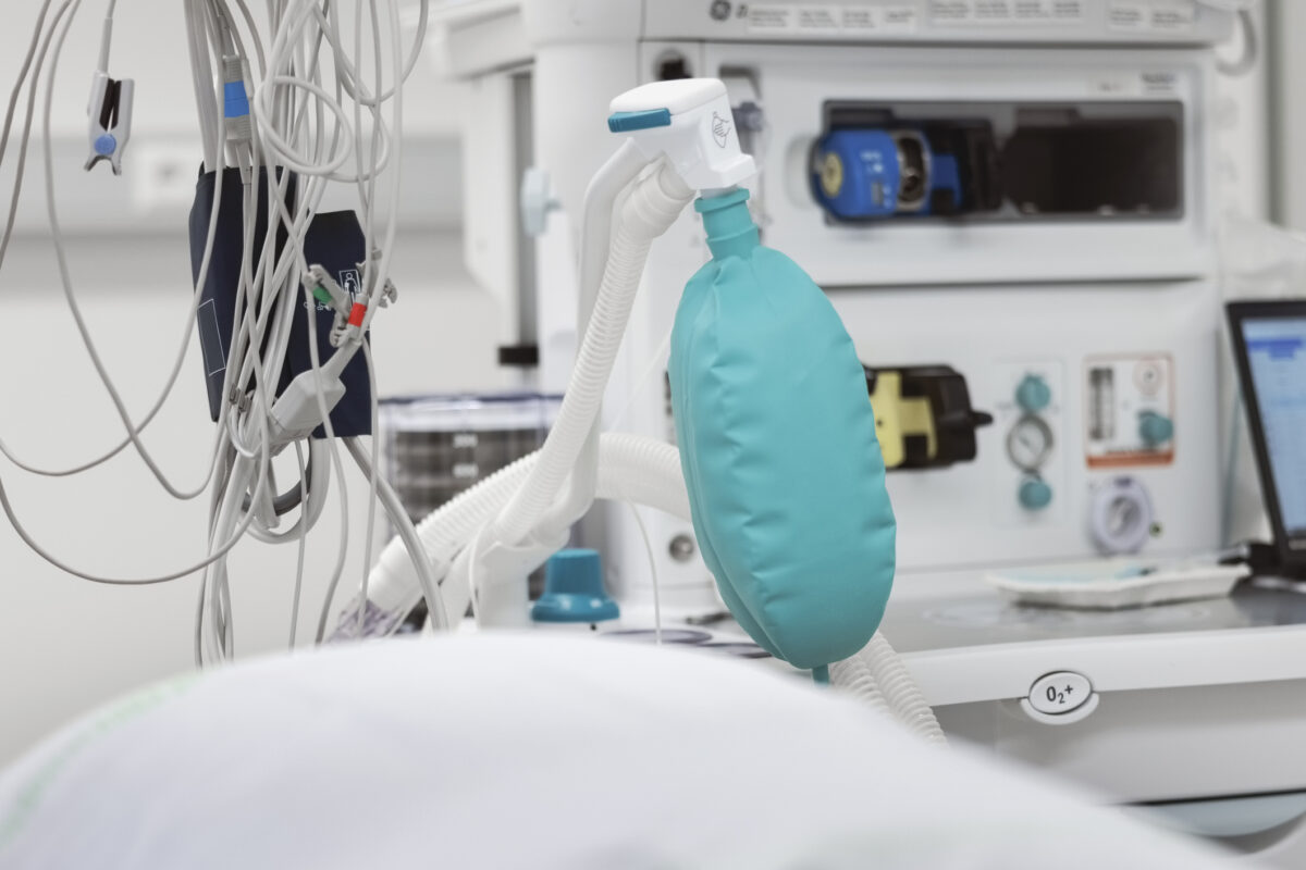 Hospital ventilator machine in an operating room