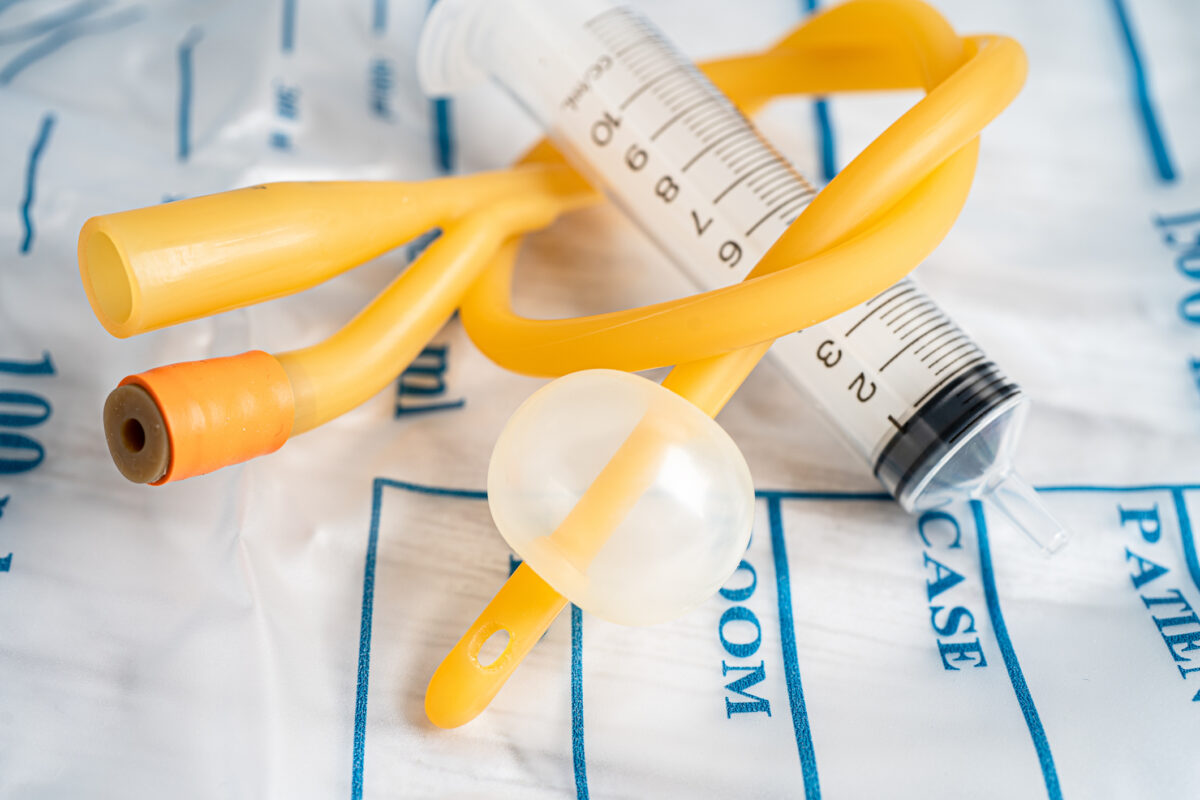 Foley urinary catheter with urine bag for disability or patient in hospital.
